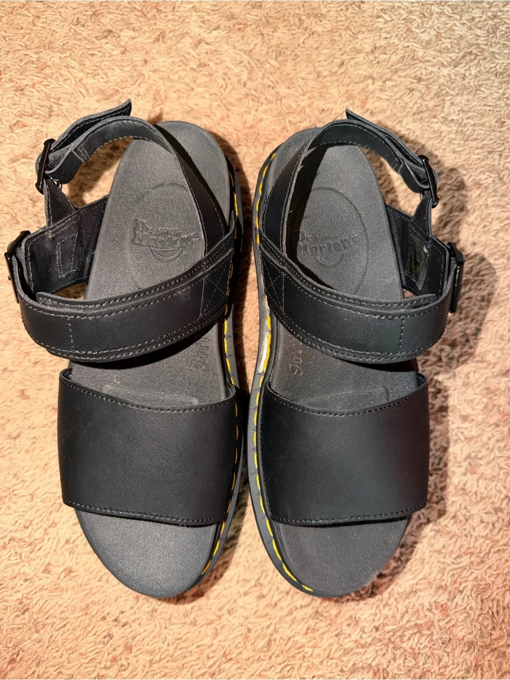 Dr. Martens Black Platform Sandals with Yellow Stitching